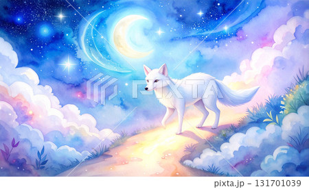 月夜に歩く白狐と星の幻想的な風景 131701039