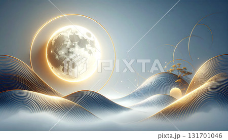 黄金の光に包まれた満月と幻想の波の風景 黄金の光に包まれた満月と幻想の波の風景 131701046