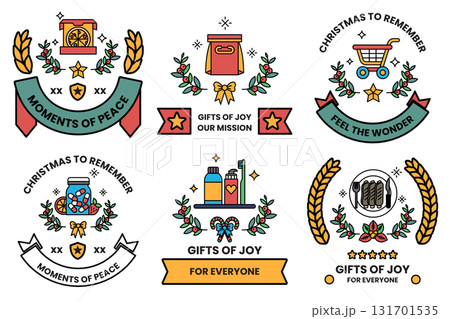 A set of six Christmas themed designs, including a ribbon, a bag, a cart A set of six Christmas themed designs, including a ribbon, a bag, a cart 131701535
