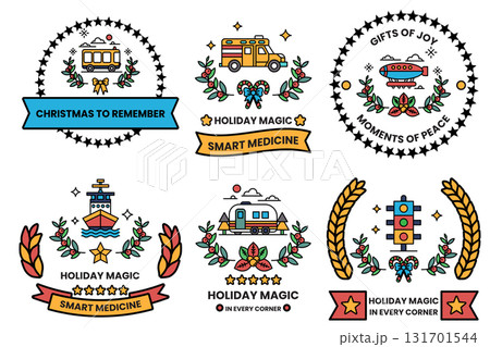 The image is a collection of six different holiday-themed stickers The image is a collection of six different holiday-themed stickers 131701544