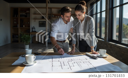 Young Professionals Discussing Architectural Plans in Modern Office Environment with Coffee Cups 131701833