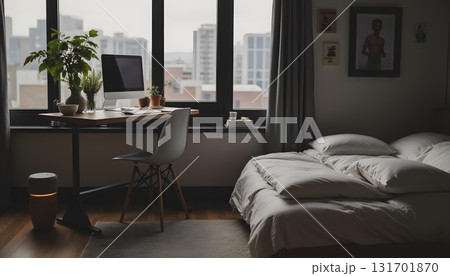 Cozy Bedroom with Modern Desk and Large Windows Overlooking Cityscape 131701870