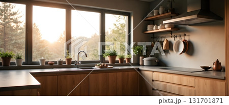 Cozy Modern Kitchen with Natural Light and Green Plants in a Serene Outdoor Setting 131701871