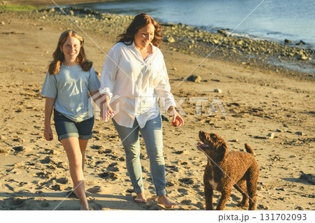 brown portuguese water dog outdoors on the beach with mother and daughter 131702093