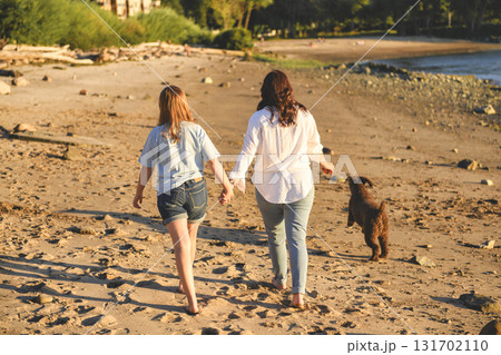brown portuguese water dog outdoors on the beach with mother and daughter brown portuguese water dog outdoors on the beach with mother and daughter 131702110