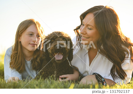brown portuguese water dog outdoors on grass with mother and daughter 131702137