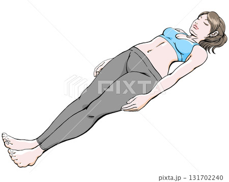 ヨガ・死者のポーズ_まっすぐの姿勢で横たわる若い女性 131702240