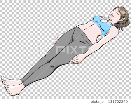 ヨガ・死者のポーズ_まっすぐの姿勢で横たわる若い女性 131702240