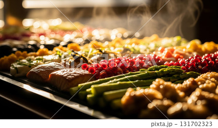 Grilled Salmon and Vegetables on Buffet Tray with Warm Light Grilled Salmon and Vegetables on Buffet Tray with Warm Light 131702323