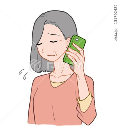 スマホで電話しながら落ち込んでいるシニア女性　手描きイラスト素材 131702429