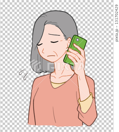 一位憂鬱的老年婦女在智慧型手機上聊天。手繪插圖 一位憂鬱的老年婦女在智慧型手機上聊天。手繪插圖 131702429