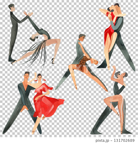 Five pairs of sport ballroom dancers dancing Latin. Characters. Isolated watercolor illustration for advertising a dance studio or a diploma at a competition. 131702689