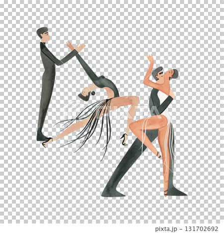 Two pairs of dancers performing Latin American ballroom dance routine. Show. Characters. Isolated watercolor illustration for dance studio. Two pairs of dancers performing Latin American ballroom dance routine. Show. Characters. Isolated watercolor illustration for dance studio. 131702692