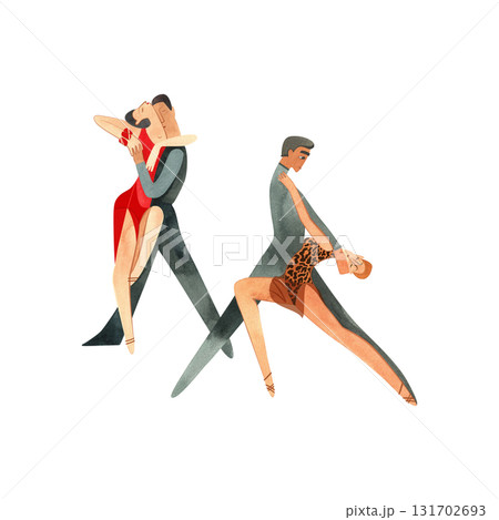 Two pairs of dancers performing Latin American ballroom dance routine. Show. Characters. Isolated watercolor illustration for dance studio. Two pairs of dancers performing Latin American ballroom dance routine. Show. Characters. Isolated watercolor illustration for dance studio. 131702693