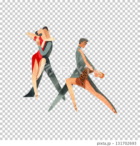 Two pairs of dancers performing Latin American ballroom dance routine. Show. Characters. Isolated watercolor illustration for dance studio. 131702693