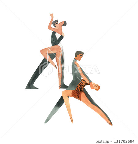 Two pairs of dancers performing Latin American ballroom dance routine. Show. Characters. Isolated watercolor illustration for dance studio. Two pairs of dancers performing Latin American ballroom dance routine. Show. Characters. Isolated watercolor illustration for dance studio. 131702694