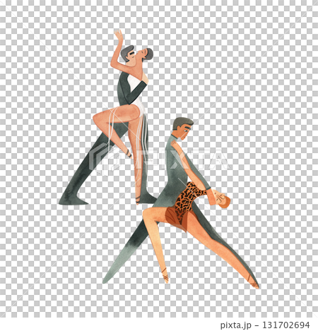 Two pairs of dancers performing Latin American ballroom dance routine. Show. Characters. Isolated watercolor illustration for dance studio. Two pairs of dancers performing Latin American ballroom dance routine. Show. Characters. Isolated watercolor illustration for dance studio. 131702694