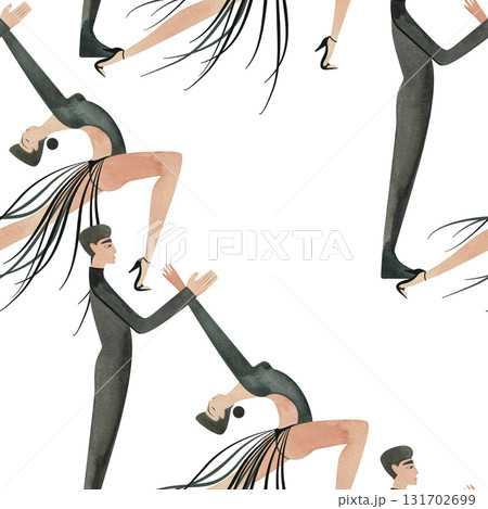 Latin. Competition in ballroom dancing. Seamless pattern for decoration of merch and souvenirs of dance competitions. Wrapping paper, paper bags, notebook cover. 131702699