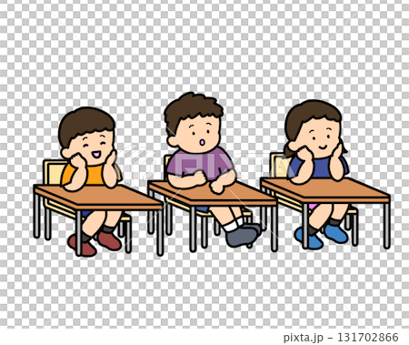 Three Asian children listening to a lesson, no hands raised, desks 131702866