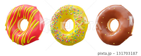 Donuts with chocolate glaze, sprinkles, white drizzle, and dots isolated on white transparent background Donuts with chocolate glaze, sprinkles, white drizzle, and dots isolated on white transparent background 131703187