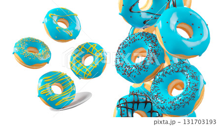 Donuts with blue blueberry glaze, sprinkles, white drizzle, and dots isolated on white transparent background 131703193