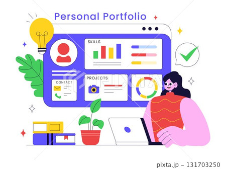 Personal Portfolio Vector Illustration with Profile Information, Resume, and Self Improvement Concept to Attract Clients and Employers in Background Personal Portfolio Vector Illustration with Profile Information, Resume, and Self Improvement Concept to Attract Clients and Employers in Background 131703250