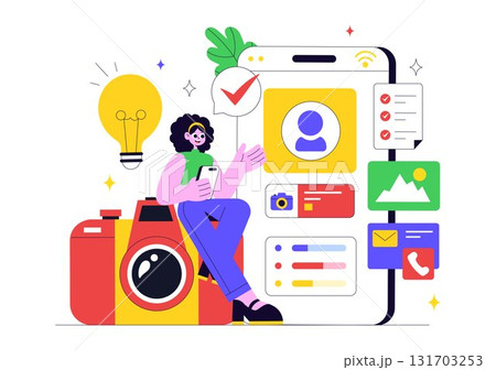 Personal Portfolio Vector Illustration with Profile Information, Resume, and Self Improvement Concept to Attract Clients and Employers in Background 131703253