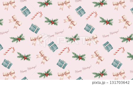 優しい雰囲気のクリスマス背景シームレスパターン/プレゼントとキャンディーケーン、リボン 131703642