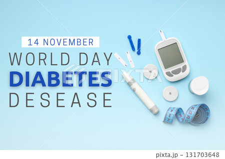 Diabetes items on light blue: meter, pen, tape 131703648