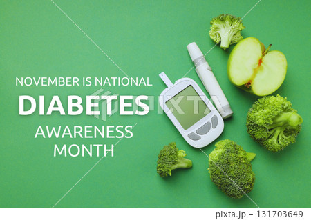Broccoli and green apples with a glucose meter Broccoli and green apples with a glucose meter 131703649