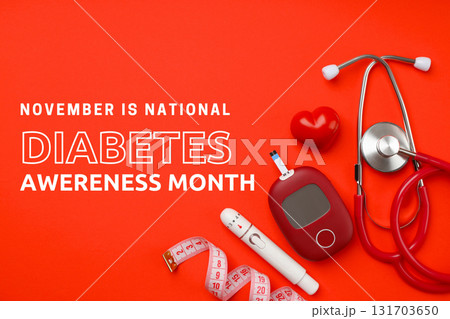 Red background with diabetes-related tools and symbols Red background with diabetes-related tools and symbols 131703650