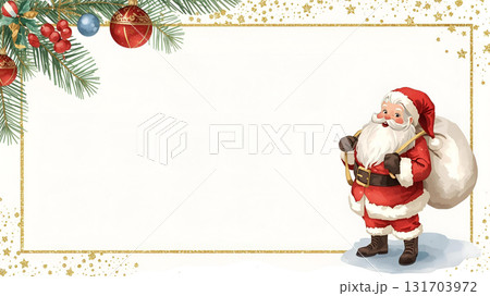 モミの枝とサンタクロースのかわいいクリスマス背景イラスト　冬　テンプレート 131703972