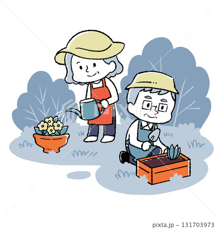 シニア夫婦がガーデニングをしているイラスト 131703973