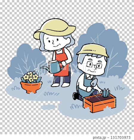 シニア夫婦がガーデニングをしているイラスト 131703973