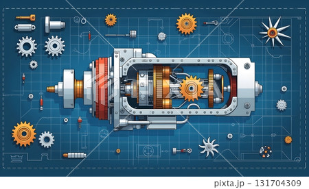 Mechanical Engine Blueprint with Gears and Components on a Technical Background 131704309