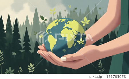 Hands Holding Earth with Green Plants in Forest Background Illustrating Environmental Care 131705078