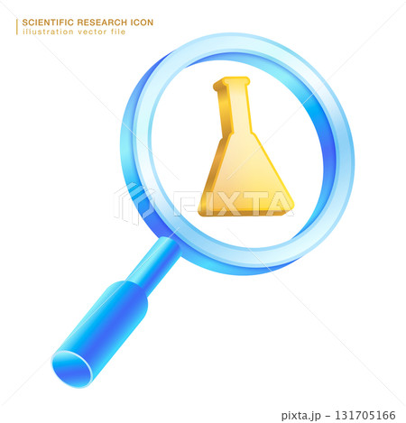 3D icon laboratory flask inside a blue glass magnifying. Represents scientific exploration, analysis, and discovery, making it ideal for research, lab, and chemistry related projects. Vector EPS. 3D icon laboratory flask inside a blue glass magnifying. Represents scientific exploration, analysis, and discovery, making it ideal for research, lab, and chemistry related projects. Vector EPS. 131705166