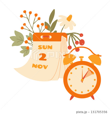 Fall Back in USA and Canada 2025, change clock back one hour, Daylight Saving Time Ends web reminder banner in flat style. Clocks with arrow hand turning back an hour. Flat aesthetic web banner. 131705356