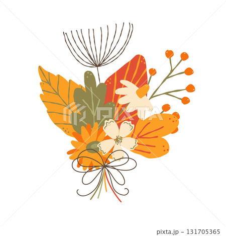 An illustration with elements of autumn, a bouquet of leaves and flowers. Isolated vector illustration for seasonal design of postcards, banners, posters. 131705365
