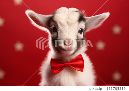 Baby goat with a red bow on a red background 131705513