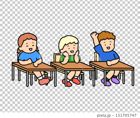 三個白人孩子正在聽講座，有的舉手，有的坐在桌子旁 131705747