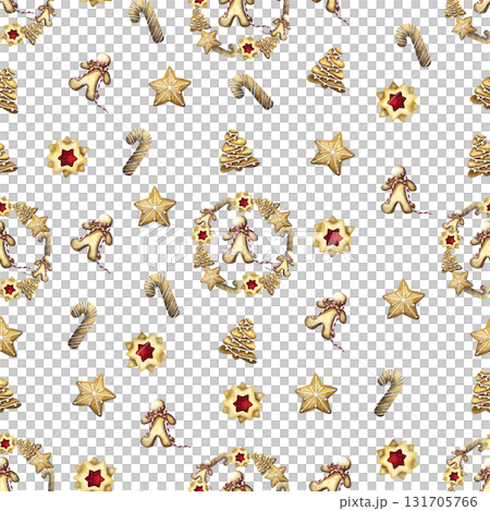 Christmas baking pattern with gingerbread houses, tree, cookies, candy cane.Cozy winter wallpaper. Watercolor illustration for wrapping paper, wallpaper, package design.  131705766