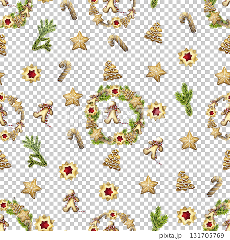 Christmas baking pattern with gingerbread houses, tree, cookies, candy cane.Cozy winter wallpaper. Watercolor illustration for wrapping paper, wallpaper, package design.  131705769