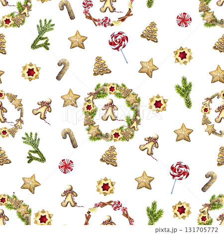 Christmas baking pattern with gingerbread houses, tree, cookies, candy cane.Cozy winter wallpaper. Watercolor illustration for wrapping paper, wallpaper, package design.  131705772