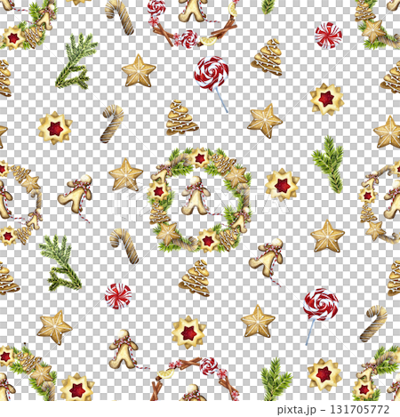 Christmas baking pattern with gingerbread houses, tree, cookies, candy cane.Cozy winter wallpaper. Watercolor illustration for wrapping paper, wallpaper, package design.  131705772