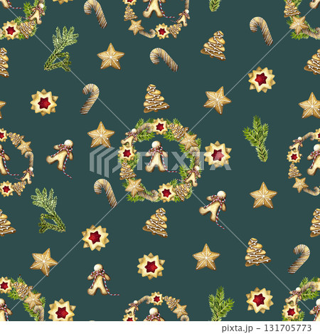 Christmas baking pattern with gingerbread houses, tree, cookies, candy cane.Cozy winter wallpaper. Watercolor illustration for wrapping paper, wallpaper, package design.  131705773