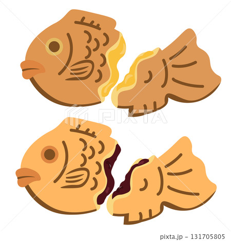 半分に割った、あんことカスタードのたい焼きのイラスト 131705805