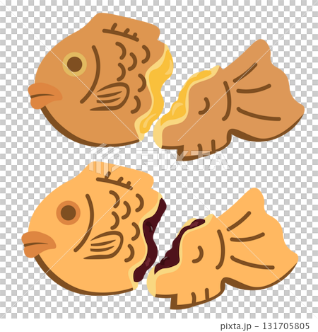 半分に割った、あんことカスタードのたい焼きのイラスト 131705805