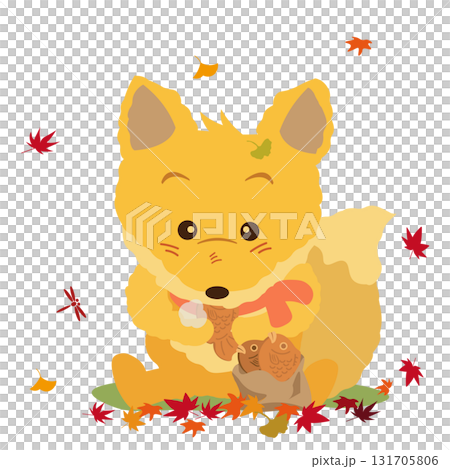 Illustration of autumn leaves and a stuffed fox eating a taiyaki Illustration of autumn leaves and a stuffed fox eating a taiyaki 131705806