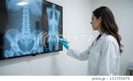 Medical professional analyzing X-ray images of human spine and pelvis in clinic Medical professional analyzing X-ray images of human spine and pelvis in clinic 131705879